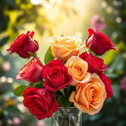 A stunning arrangement of vibrant roses in various shades including deep red, soft pink, and bright yellow, artfully arranged in a delicate glass vase