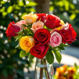 A stunning arrangement of vibrant roses in various shades including deep red, soft pink, and bright yellow, artfully arranged in a delicate glass vase