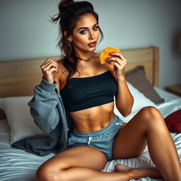 A stunning, sexy 23-year-old brunette woman wearing a crop top, with the sweatshirt casually off one shoulder, sitting on a bed