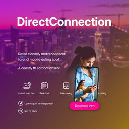 An eye-catching advertisement for a revolutionary and advanced mobile dating app called 'DirectConnection'