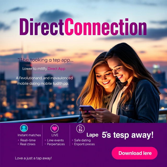 An eye-catching advertisement for a revolutionary and advanced mobile dating app called 'DirectConnection'