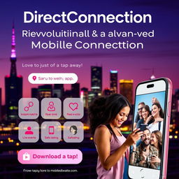 An eye-catching advertisement for a revolutionary and advanced mobile dating app called 'DirectConnection'