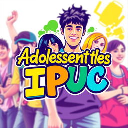 A creative logo design featuring a vibrant and dynamic scene with a group of diverse teenagers in the background, showcasing different interests like music, art, and sports