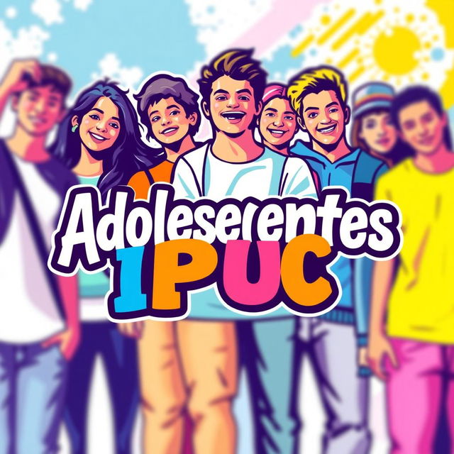 A creative logo design featuring a vibrant and dynamic scene with a group of diverse teenagers in the background, showcasing different interests like music, art, and sports