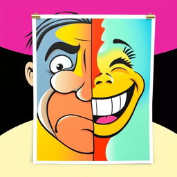A vibrant and engaging poster featuring a juxtaposition of sad and happy faces, artistically rendered in a bold and colorful style