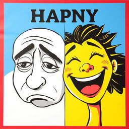 A vibrant and engaging poster featuring a juxtaposition of sad and happy faces, artistically rendered in a bold and colorful style