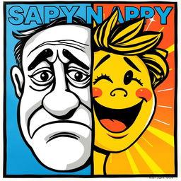 A vibrant and engaging poster featuring a juxtaposition of sad and happy faces, artistically rendered in a bold and colorful style
