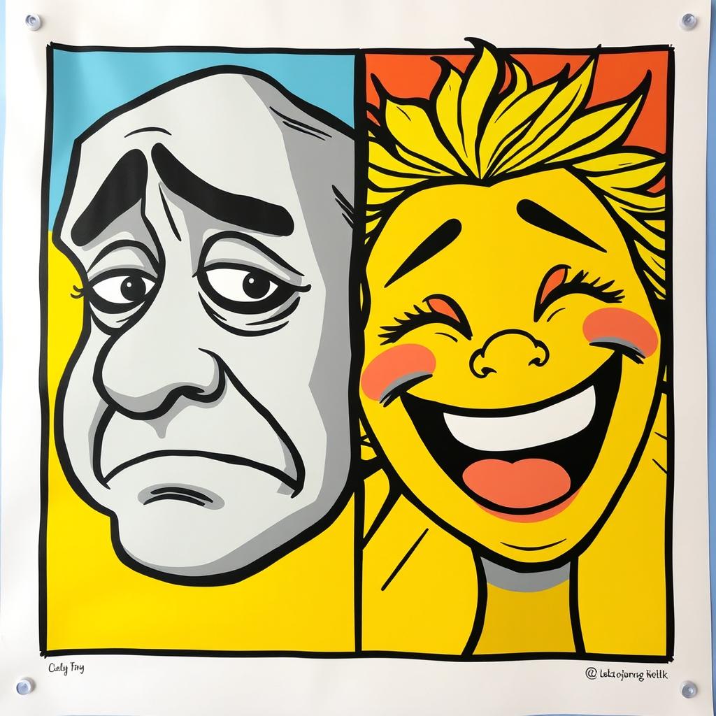 A vibrant and engaging poster featuring a juxtaposition of sad and happy faces, artistically rendered in a bold and colorful style