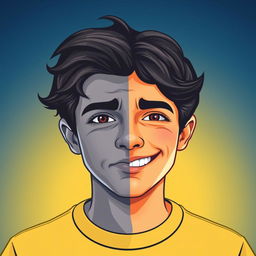 A poster featuring a young man with a split face showing both a sad expression on one half and a happy expression on the other half