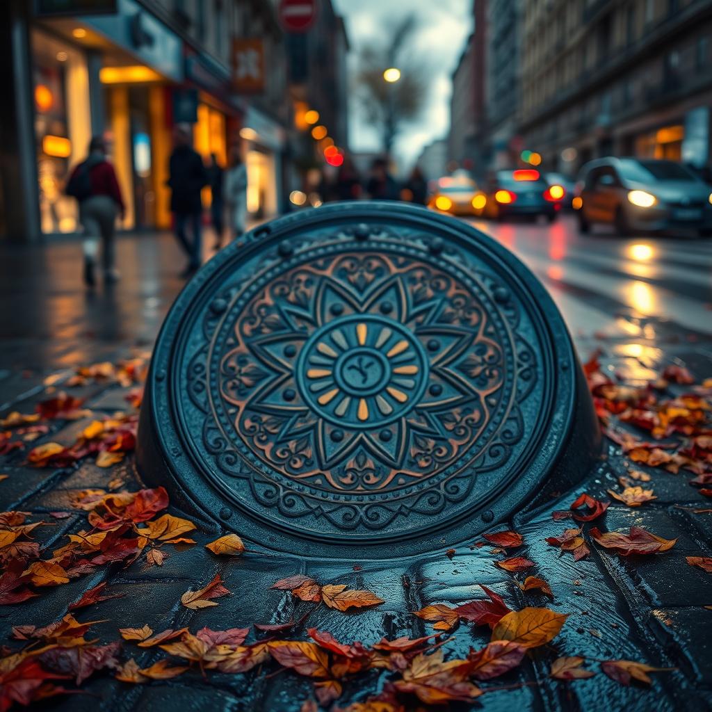 A vibrant urban scene featuring a circular manhole cover embedded in a busy city street