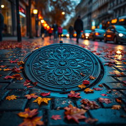 A vibrant urban scene featuring a circular manhole cover embedded in a busy city street