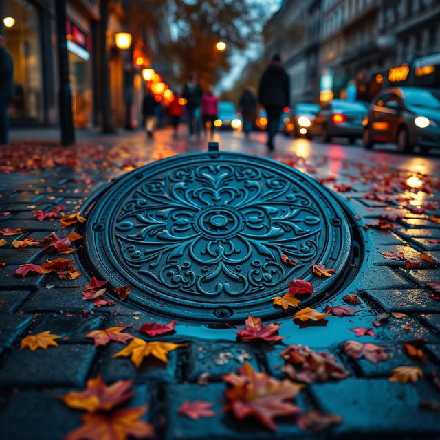 A vibrant urban scene featuring a circular manhole cover embedded in a busy city street