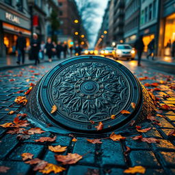 A vibrant urban scene featuring a circular manhole cover embedded in a busy city street