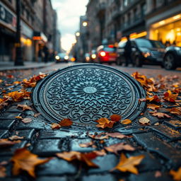 A vibrant urban scene featuring a circular manhole cover embedded in a busy city street