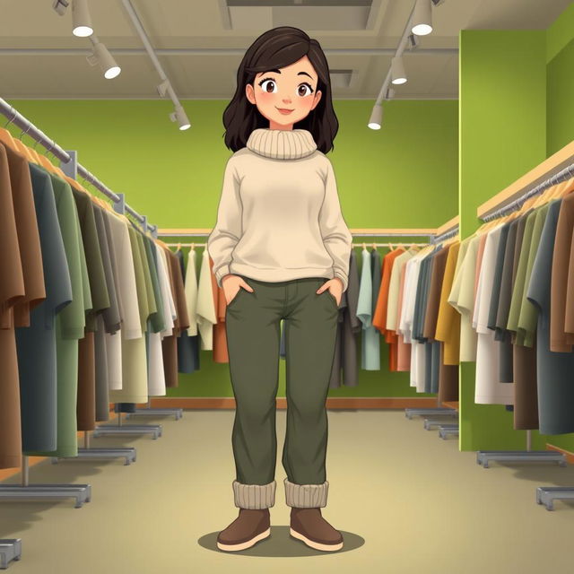 A large and beautiful cartoon model standing in a clothing store with a green and gray decor