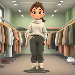 A large and beautiful cartoon model standing in a clothing store with a green and gray decor
