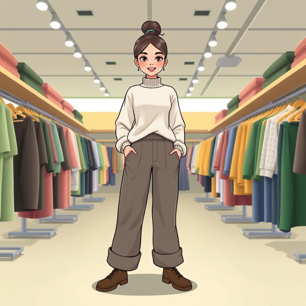 A large and beautiful cartoon model standing in a clothing store with a green and gray decor