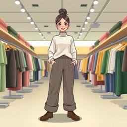 A large and beautiful cartoon model standing in a clothing store with a green and gray decor