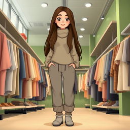 A large and beautiful cartoon model standing in a clothing store with a green and gray decor