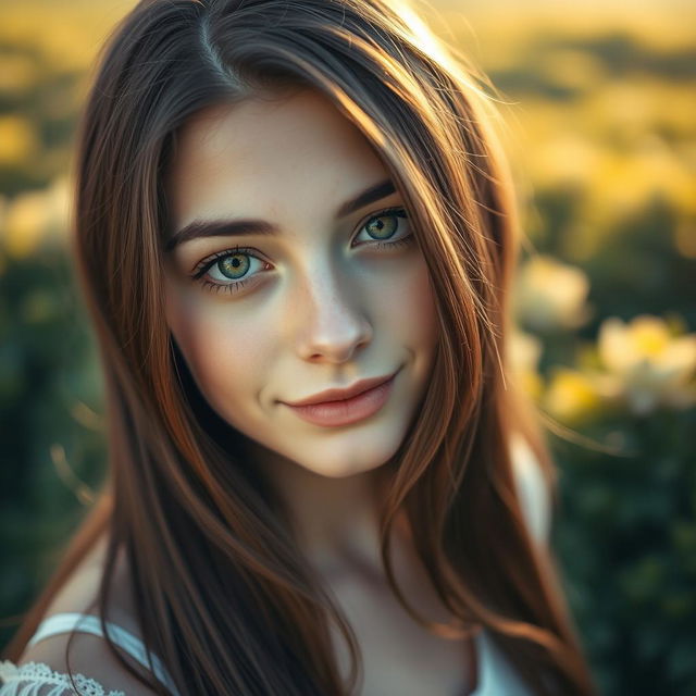 A close-up portrait of a young woman with striking green eyes looking directly at the viewer