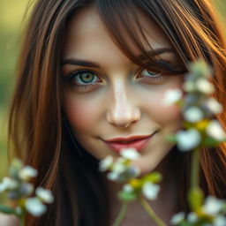 A close-up portrait of a young woman with striking green eyes looking directly at the viewer