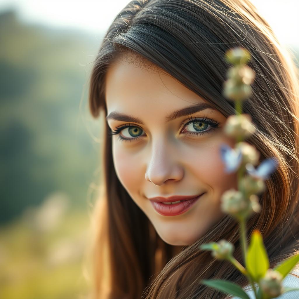 A close-up portrait of a young woman with striking green eyes looking directly at the viewer