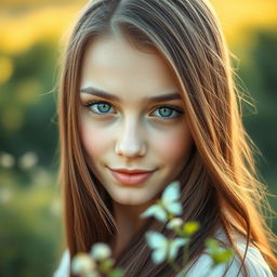 A close-up portrait of a young woman with striking green eyes looking directly at the viewer