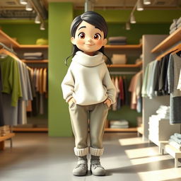 A beautiful, large cartoon model standing in a clothing store with green and gray decor