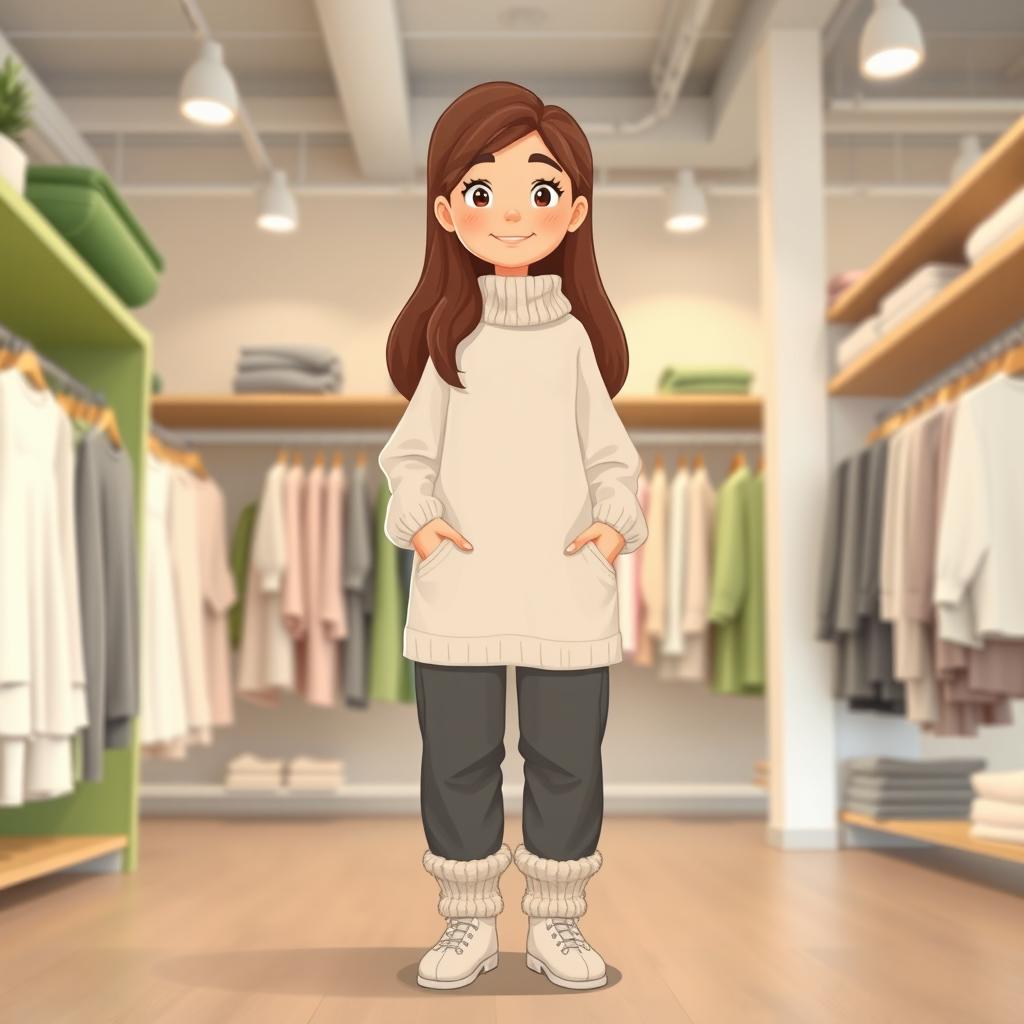 A beautiful, large cartoon model standing in a clothing store with green and gray decor