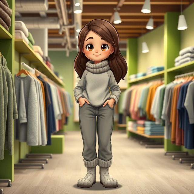 A beautiful, large cartoon model standing in a clothing store with green and gray decor