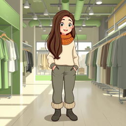 A beautiful, large cartoon model standing in a clothing store with green and gray decor
