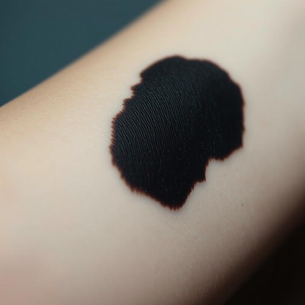 A close-up of a person's arm showcasing a striking black ink blot or stain, surrounded by soft skin tones