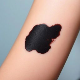 A close-up of a person's arm showcasing a striking black ink blot or stain, surrounded by soft skin tones