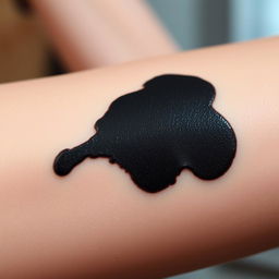 A close-up of a person's arm showcasing a striking black ink blot or stain, surrounded by soft skin tones