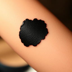 A close-up of a person's arm showcasing a striking black ink blot or stain, surrounded by soft skin tones