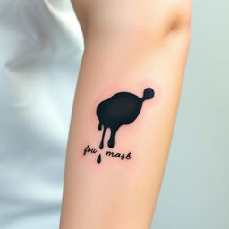 A modern black tattoo ink blot design, resembling an abstract drip or spill, featuring delicate script underneath it to suggest a hidden message