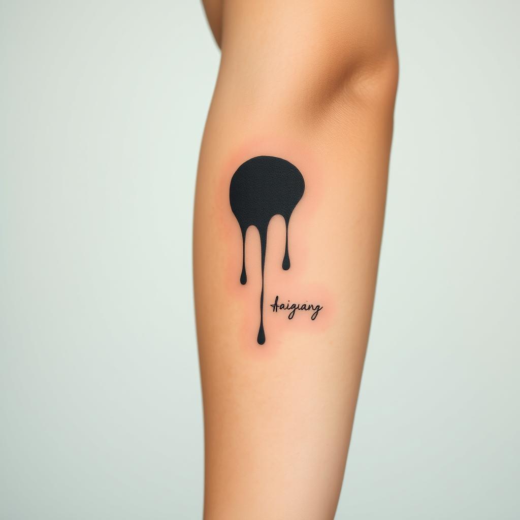 A modern black tattoo ink blot design, resembling an abstract drip or spill, featuring delicate script underneath it to suggest a hidden message