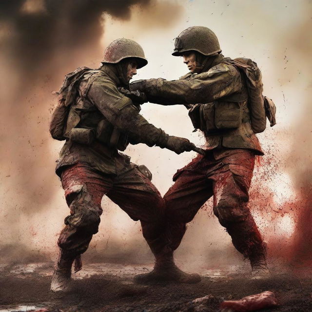 Create an image of soldiers engaged in brutal hand-to-hand combat, their uniforms stained with blood, mud, and dirt, amidst the chaotic backdrop of a fiery battlefield