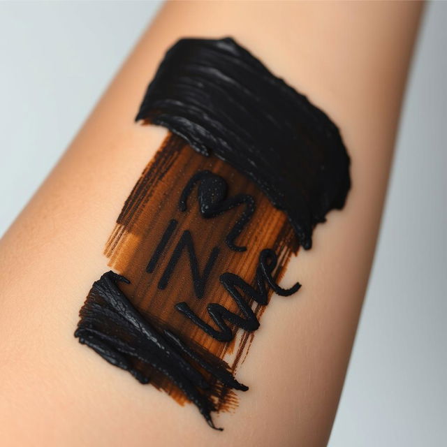 A close-up of a human arm with black paint smudged across it, partially obscuring something written beneath it