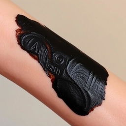 A close-up of a human arm with black paint smudged across it, partially obscuring something written beneath it