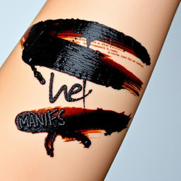 A close-up of a human arm with black paint smudged across it, partially obscuring something written beneath it