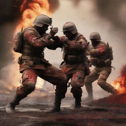 Create an image of soldiers engaged in brutal hand-to-hand combat, their uniforms stained with blood, mud, and dirt, amidst the chaotic backdrop of a fiery battlefield