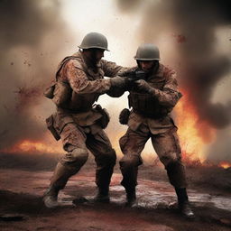 Create an image of soldiers engaged in brutal hand-to-hand combat, their uniforms stained with blood, mud, and dirt, amidst the chaotic backdrop of a fiery battlefield