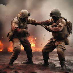 Create an image of soldiers engaged in brutal hand-to-hand combat, their uniforms stained with blood, mud, and dirt, amidst the chaotic backdrop of a fiery battlefield