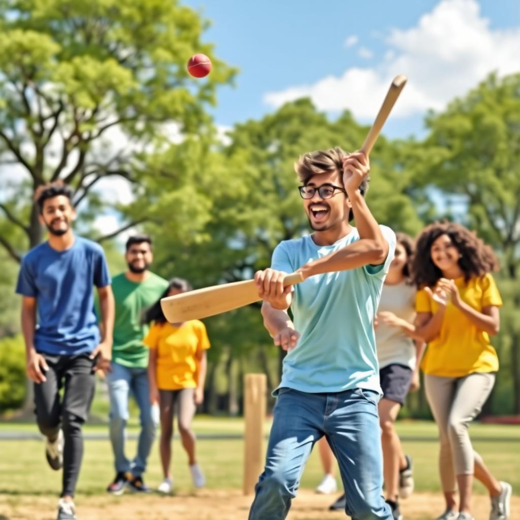 A vibrant and dynamic scene showcasing a group of diverse young adults enjoying a casual game of cricket in a picturesque park