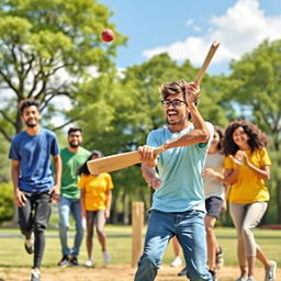 A vibrant and dynamic scene showcasing a group of diverse young adults enjoying a casual game of cricket in a picturesque park