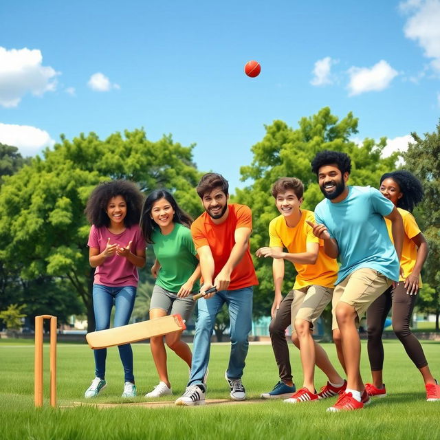 A vibrant and dynamic scene showcasing a group of diverse young adults enjoying a casual game of cricket in a picturesque park