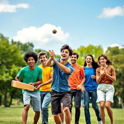 A vibrant and dynamic scene showcasing a group of diverse young adults enjoying a casual game of cricket in a picturesque park