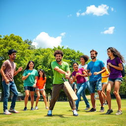 A vibrant and dynamic scene showcasing a group of diverse young adults enjoying a casual game of cricket in a picturesque park