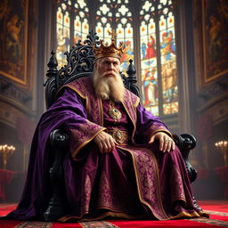 A majestic and regal king seated on an ornate throne, draped in a richly embroidered robe of deep royal purple and gold accents